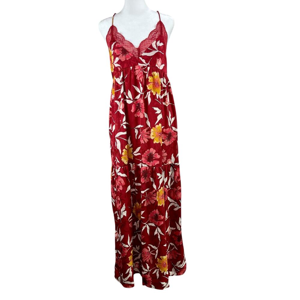 Lovestitch Wine/Gold Macara Floral Sleeveless Tiered Maxi Slip Dress Medium NWT